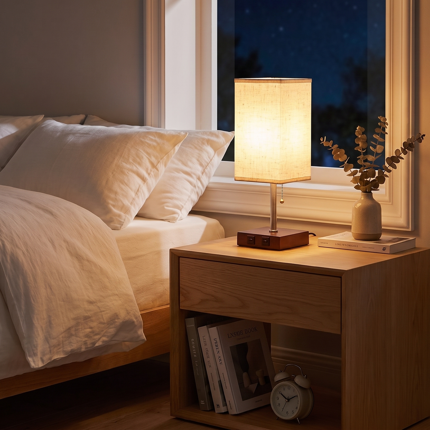 Wooden Table Lamp - Cordless Nordic LED Bedside Lamp Dimmable & Rechargeable for Bedroom, 35 cm