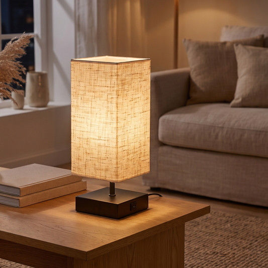 Table Lamp Linen Shade - Scandinavian LED Bedside Lamp with Warm White Light for Bedroom & Desk, 27 cm