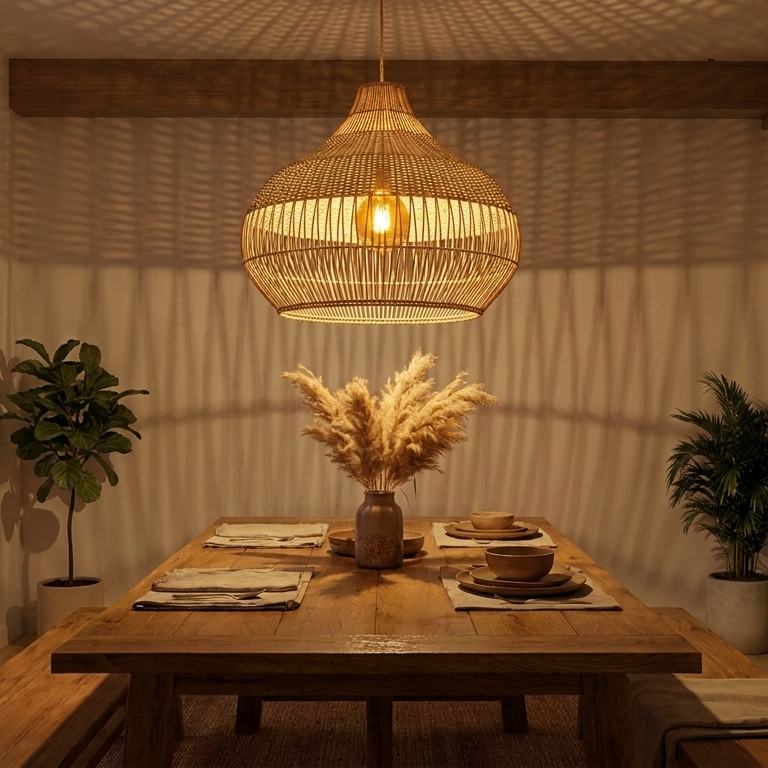 Hanglamp Rotan Naturel – Gevlochten Boho LED Eettafellamp met E27 Fitting voor Eetkamer, 40 cm